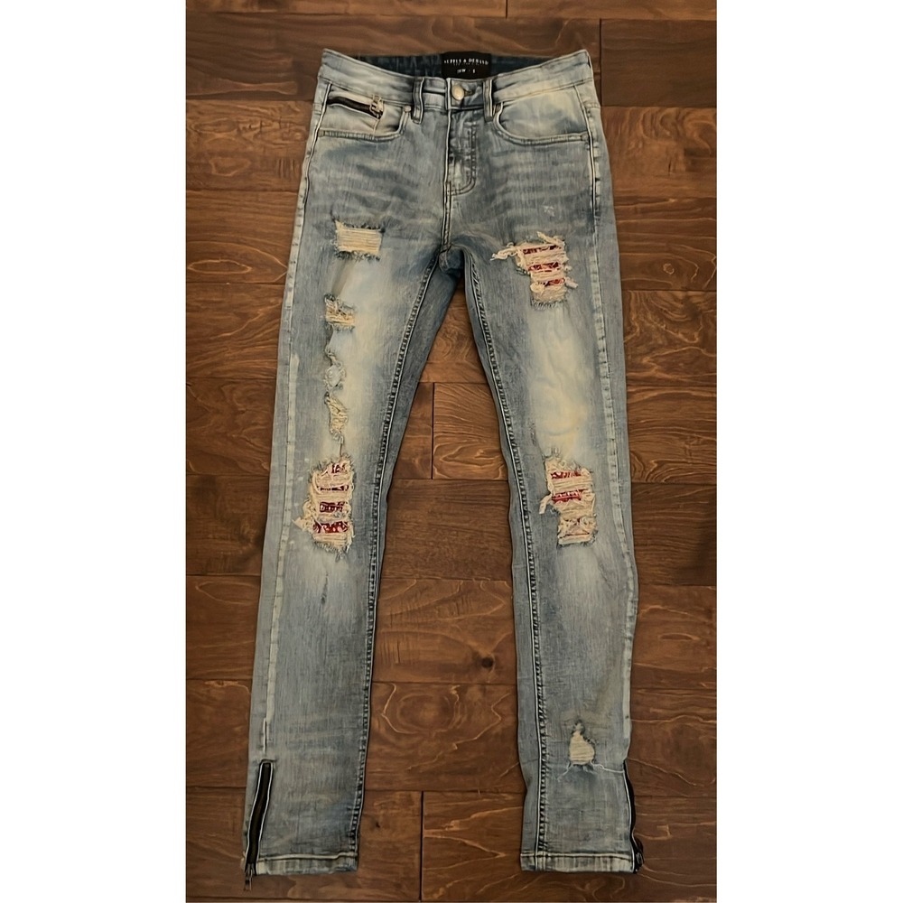Supply & Demand NYC Men's Blue Distressed Moto Zip Ankle Jeans Size 30